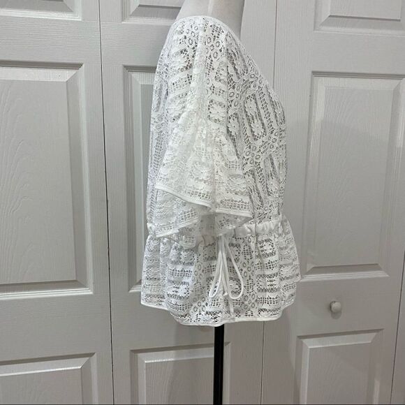 ANA A New Approach White Lace Ruffle Sleeve Sheer Peplum Top Blouse - Picture 2 of 11